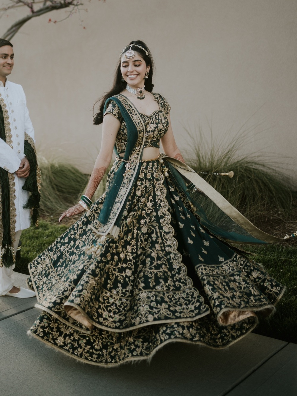 Boutique Emerald Green and Gold Bridal Lehenga Set